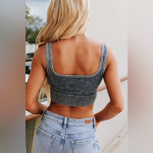 NWT Ash Grey Washed Ribbed Square Neck Brami Crop Top Bralette Sports Bra - Picture 5 of 6